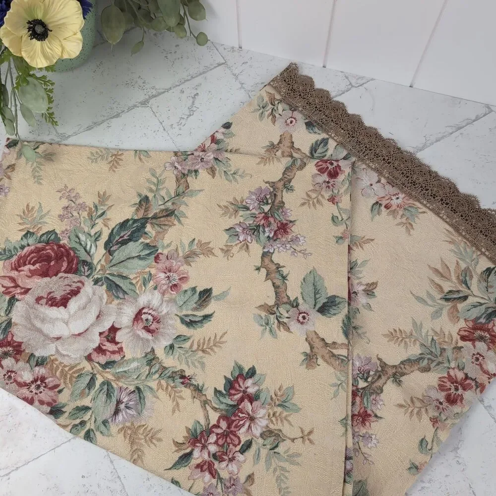 Beige Jacquard Floral Table Runner with Gold Lace Trim French Country Cottage